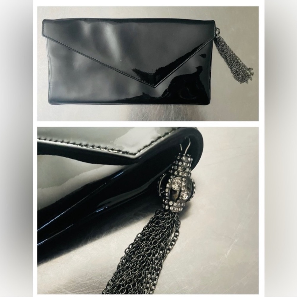 L.K BENNETT Patent Leather Black Clutch With Diamond Crown Tassel